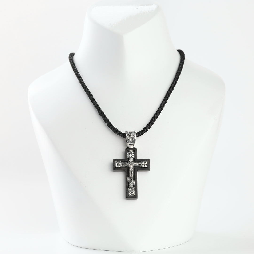 Ebony wood Orthodox cross pendant with silver 925 crucifix on a black cord