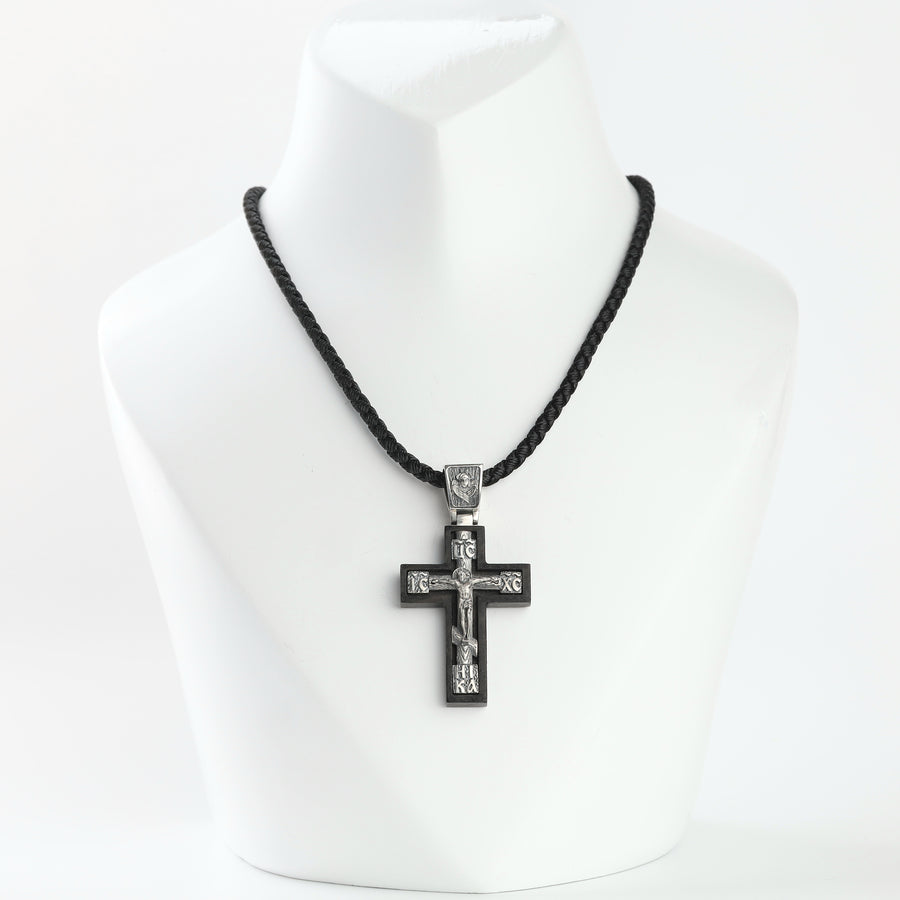 Ebony wood Orthodox cross pendant with silver 925 crucifix on a black cord