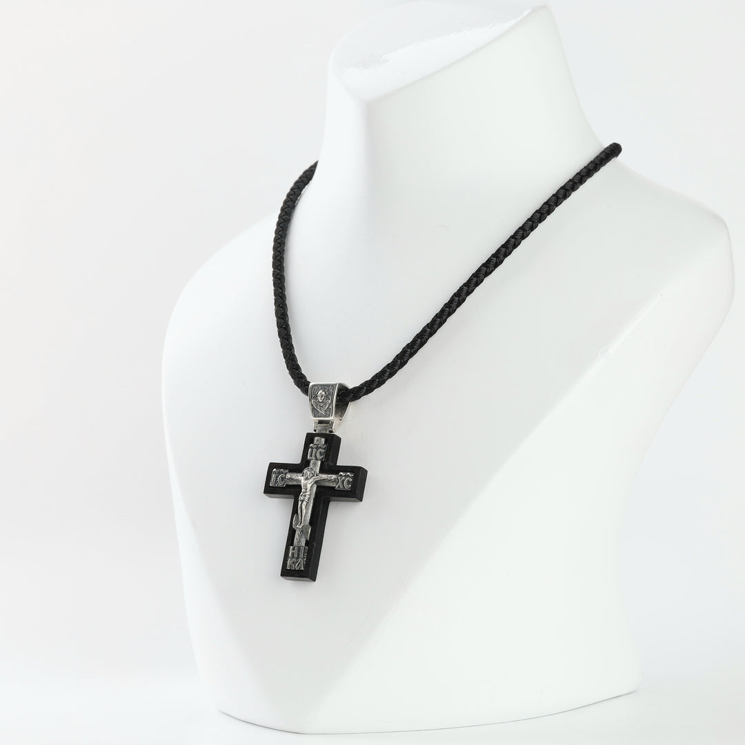 Orthodox wooden cross with silver Christ figure and IC XC NIKA lettering