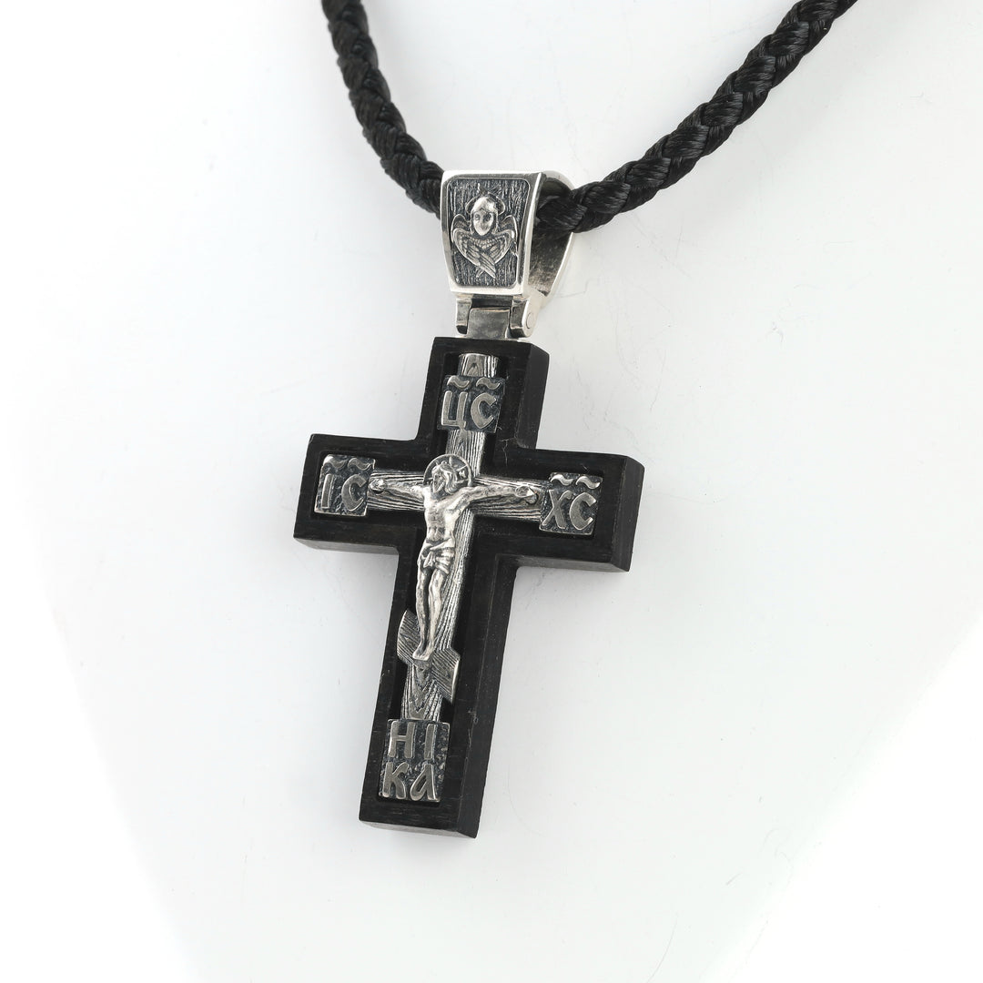 Ebony Orthodox cross with engraved silver bail