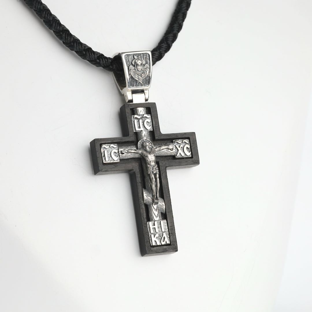 Dark ebony wood cross pendant with silver 925 crucifix