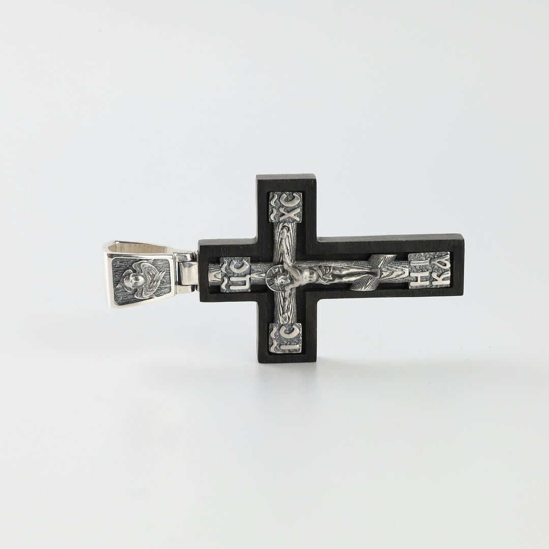 Ebony wood Orthodox crucifix pendant back view