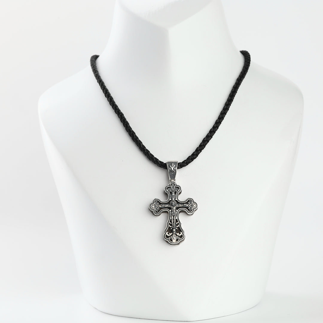 Silver 925 Orthodox crucifix pendant with ebony wood, front view