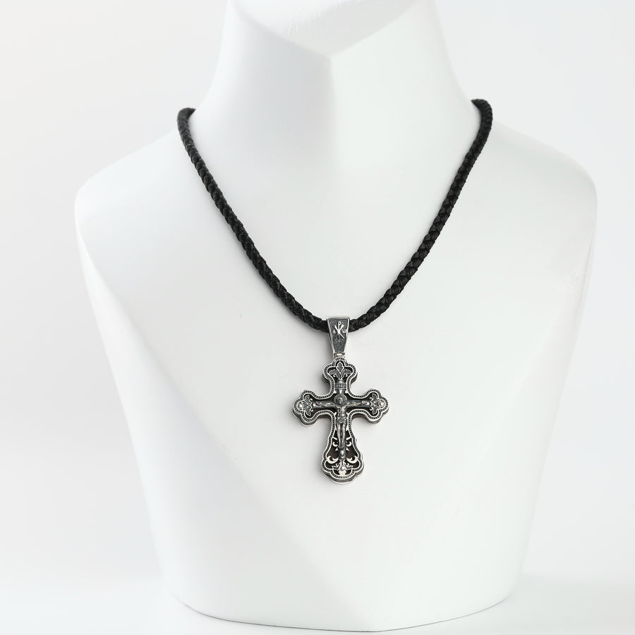 Silver 925 Orthodox crucifix pendant with ebony wood, front view