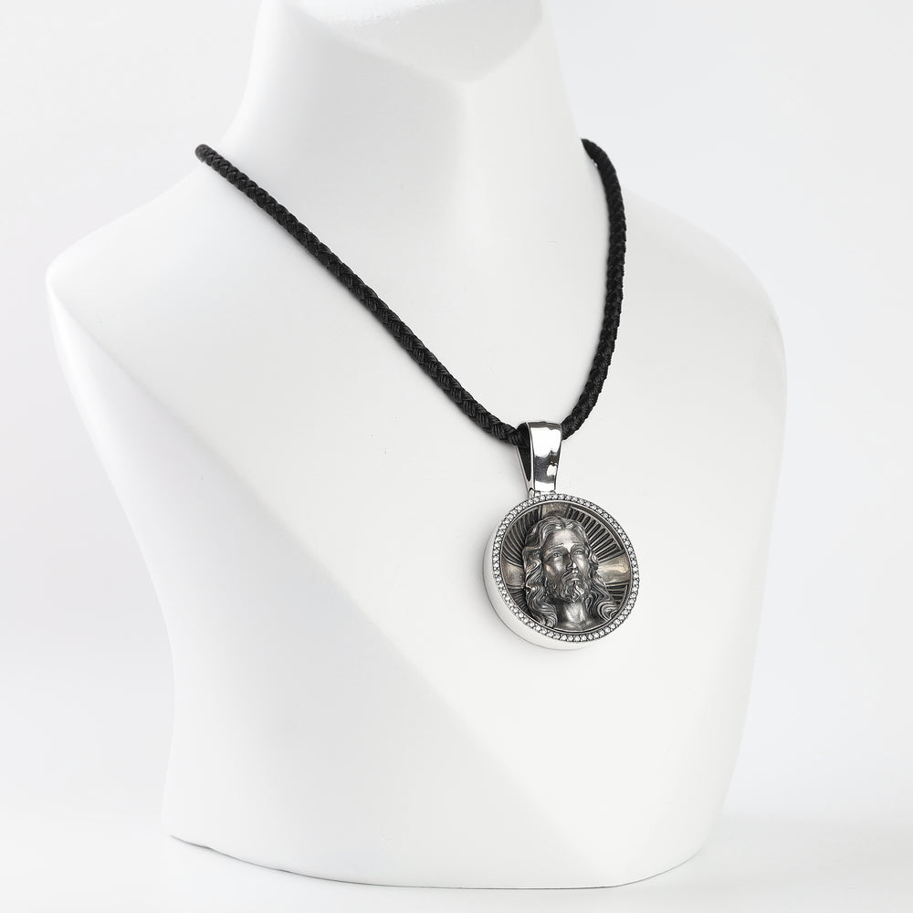 Jesus Christ silver medallion pendant with cubic zirconia halo