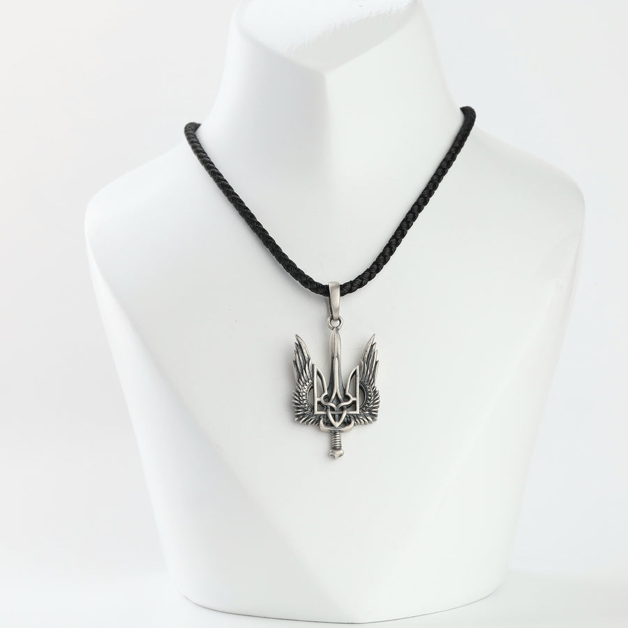 Oxidized silver 925 winged Ukrainian Tryzub sword pendant on a black cord