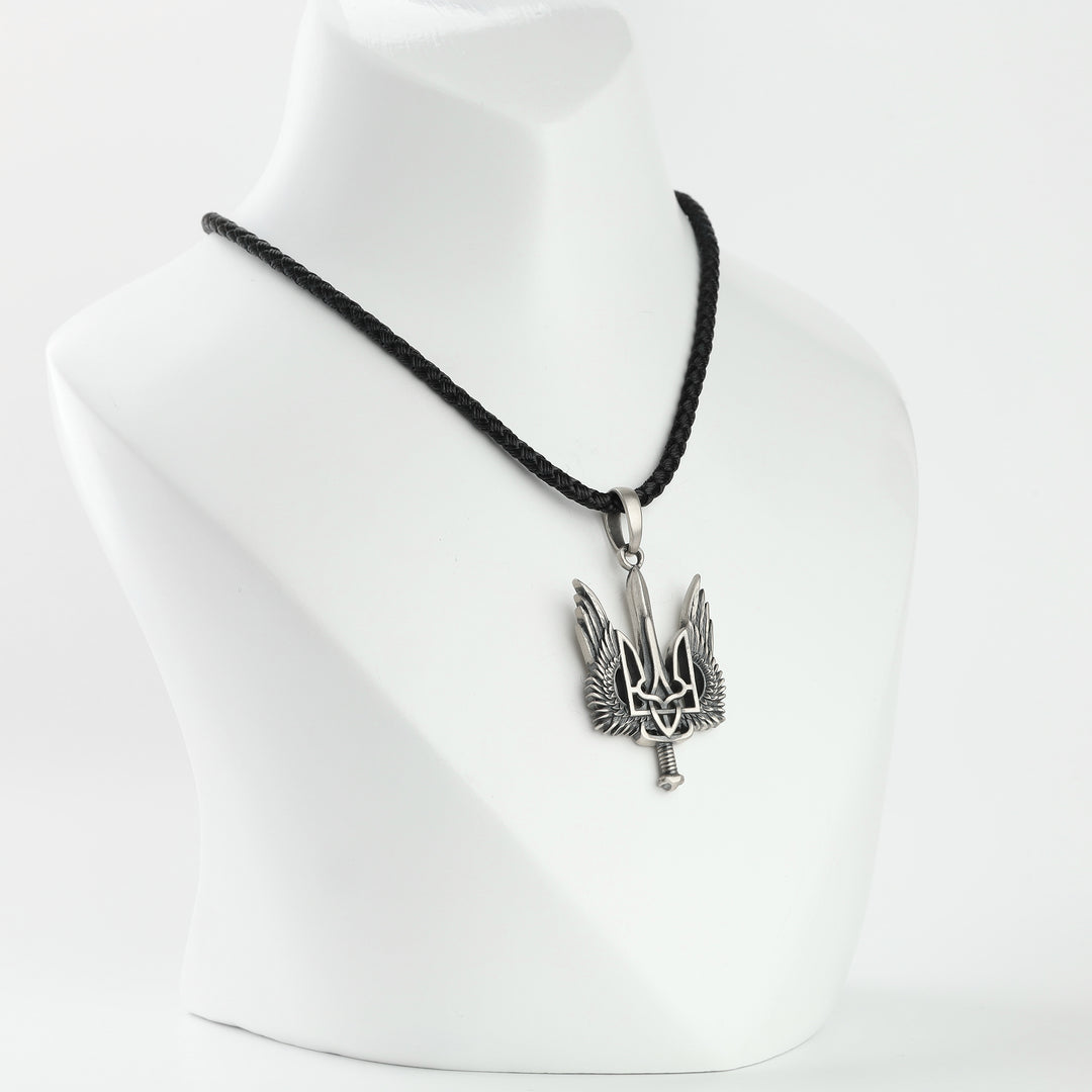 Ukrainian Tryzub pendant with wings and sword in oxidized silver 925