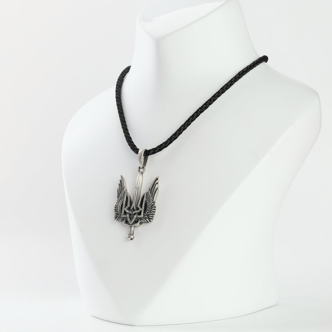 Winged trident sword pendant, silver 925, front view