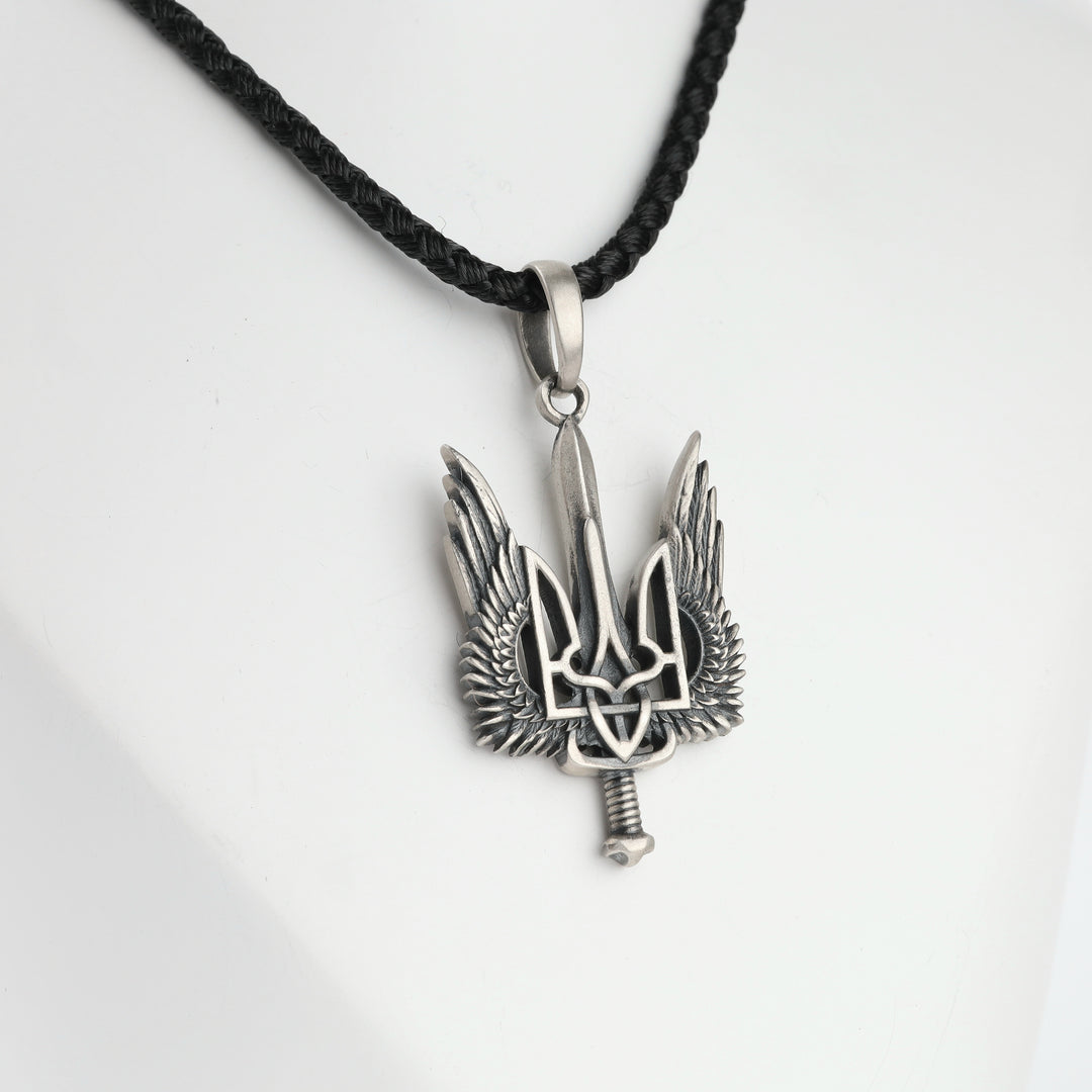 Ukrainian patriotic winged trident sword pendant in silver 925