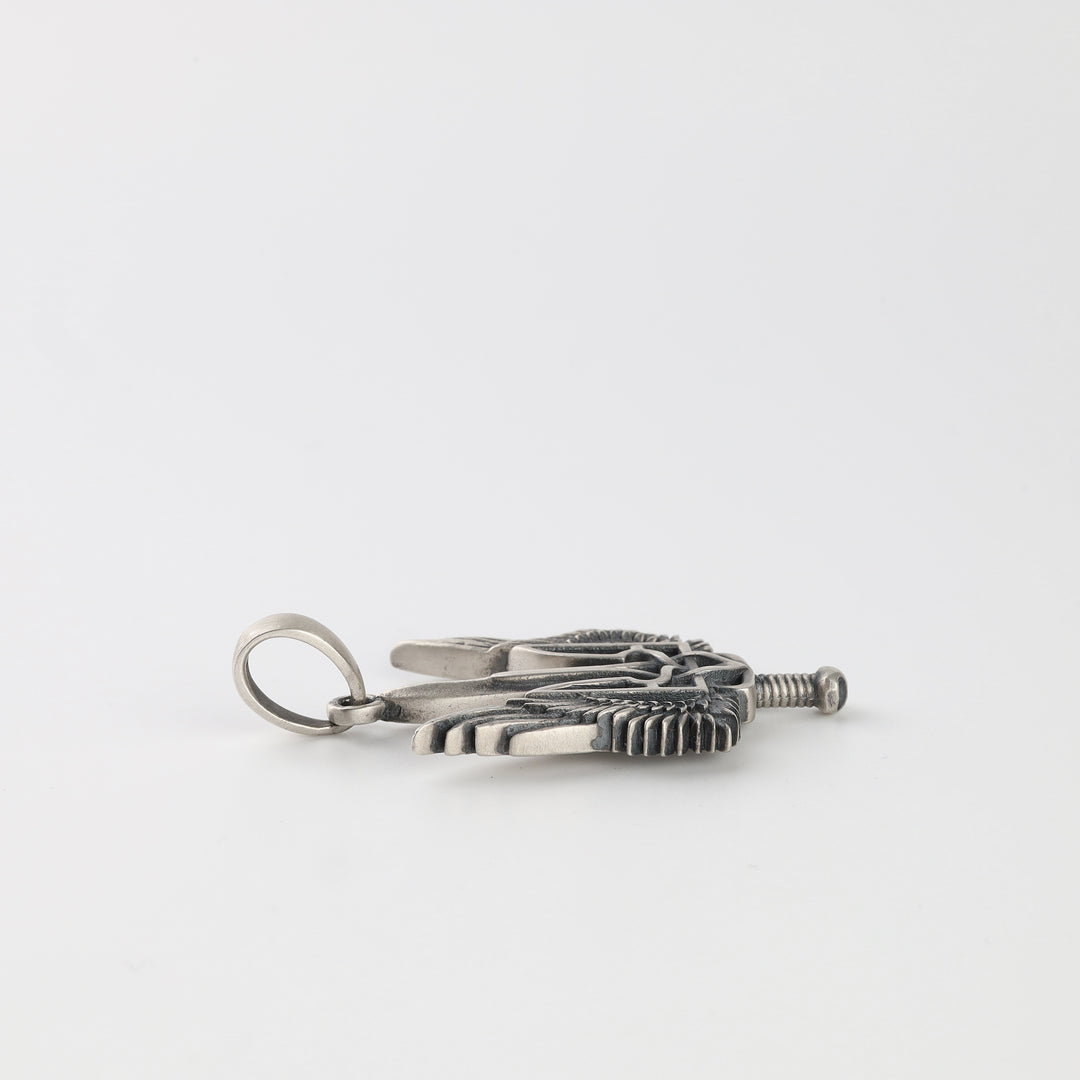 Silver 925 winged Tryzub sword pendant close-up