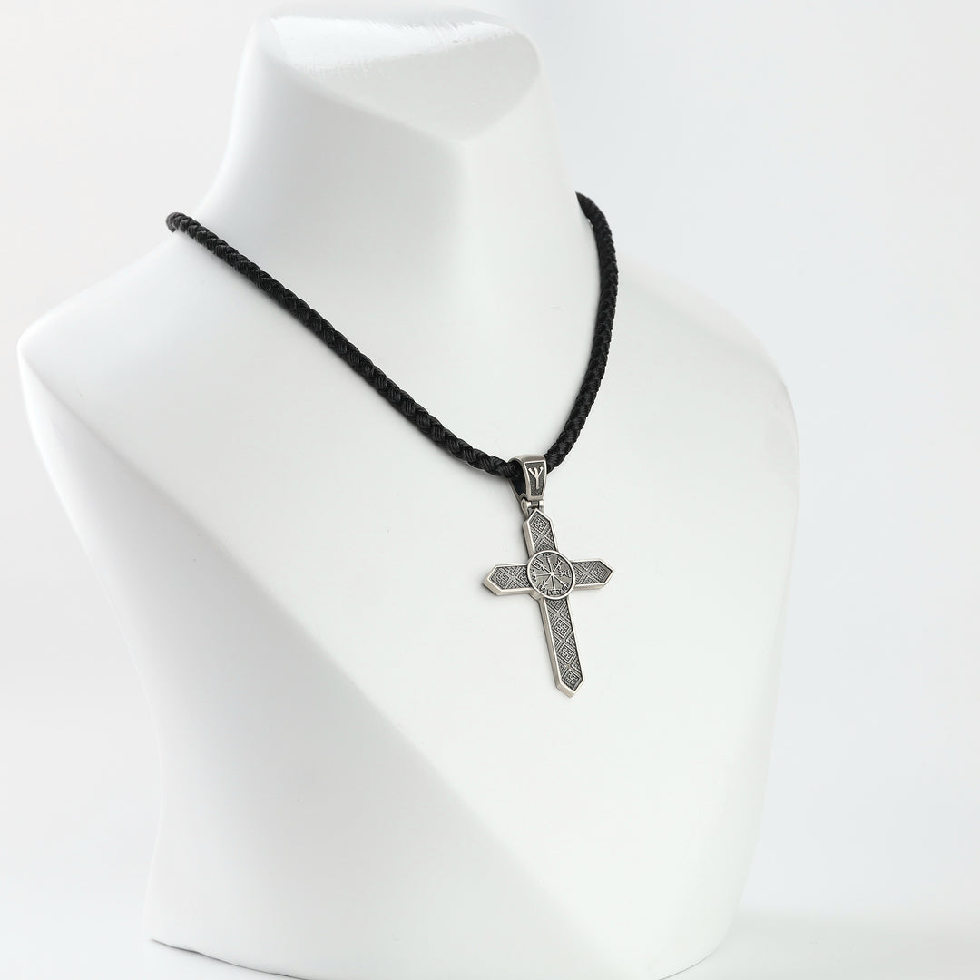 Silver 925 cross pendant with central star-rosette medallion