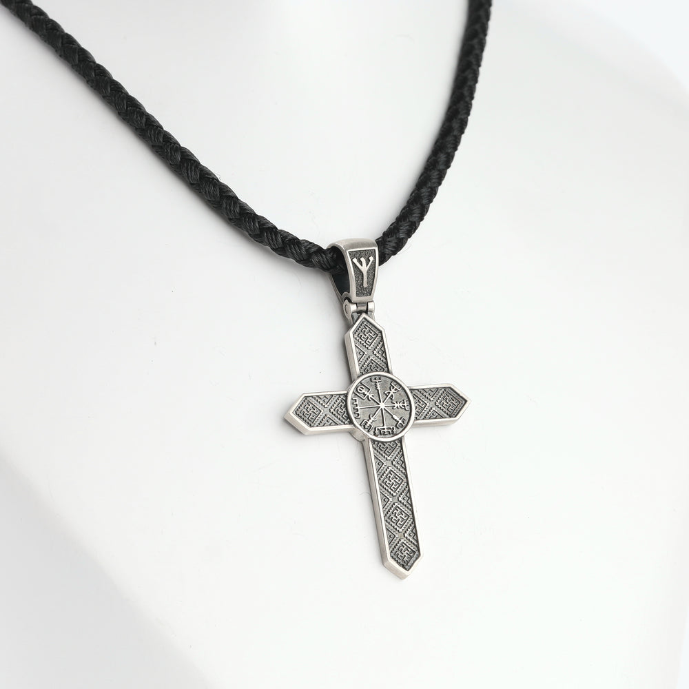 Silver 925 Slavic ornament cross pendant close-up on cord