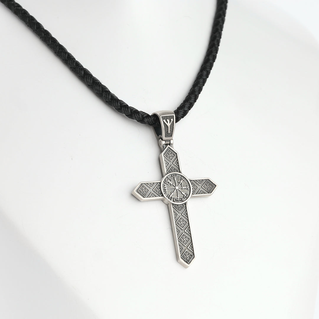 Silver 925 Slavic ornament cross pendant close-up on cord