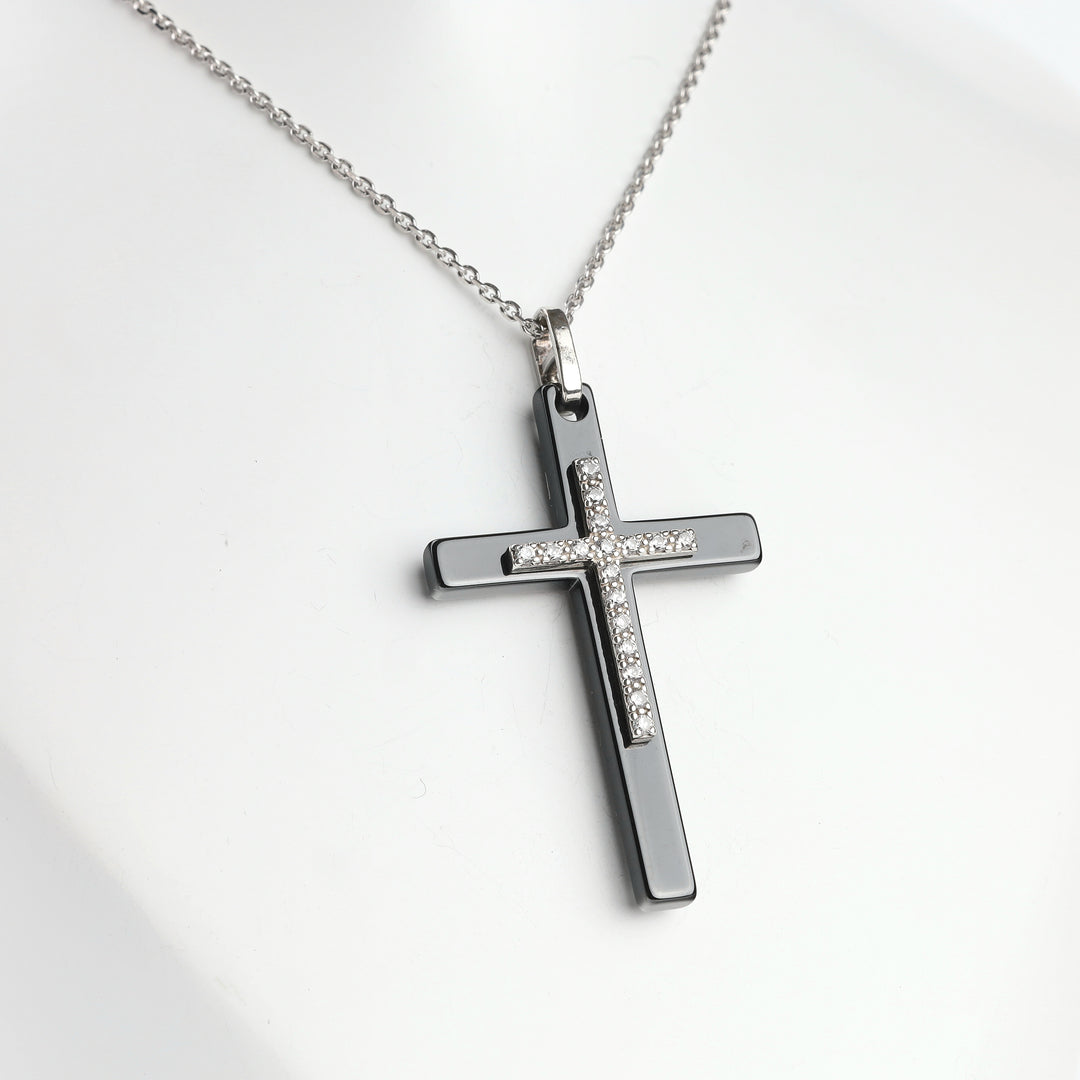 Black ceramic cross pendant with cubic zirconia and Silver 925 on a chain