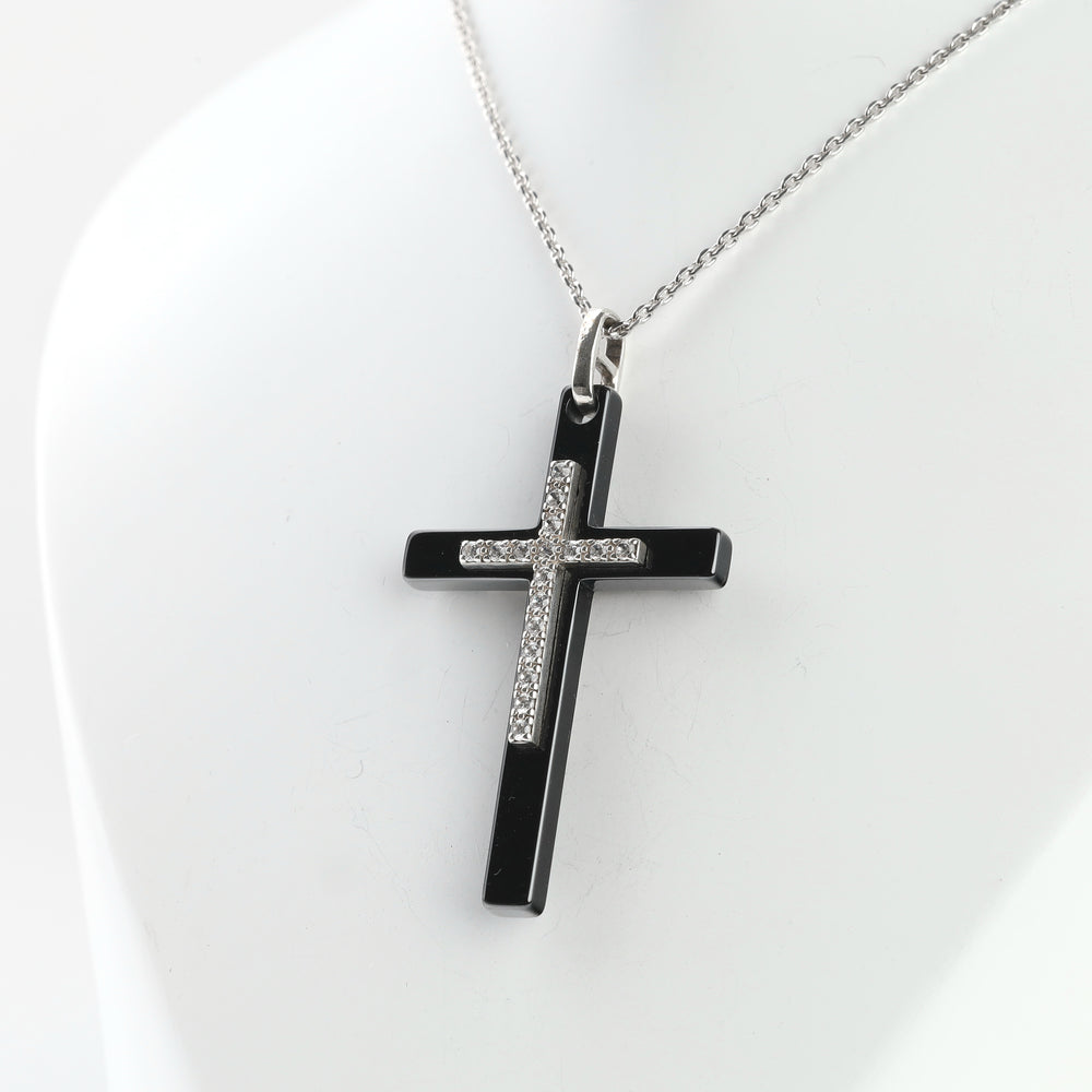 Silver 925 and black ceramic cross pendant, front view