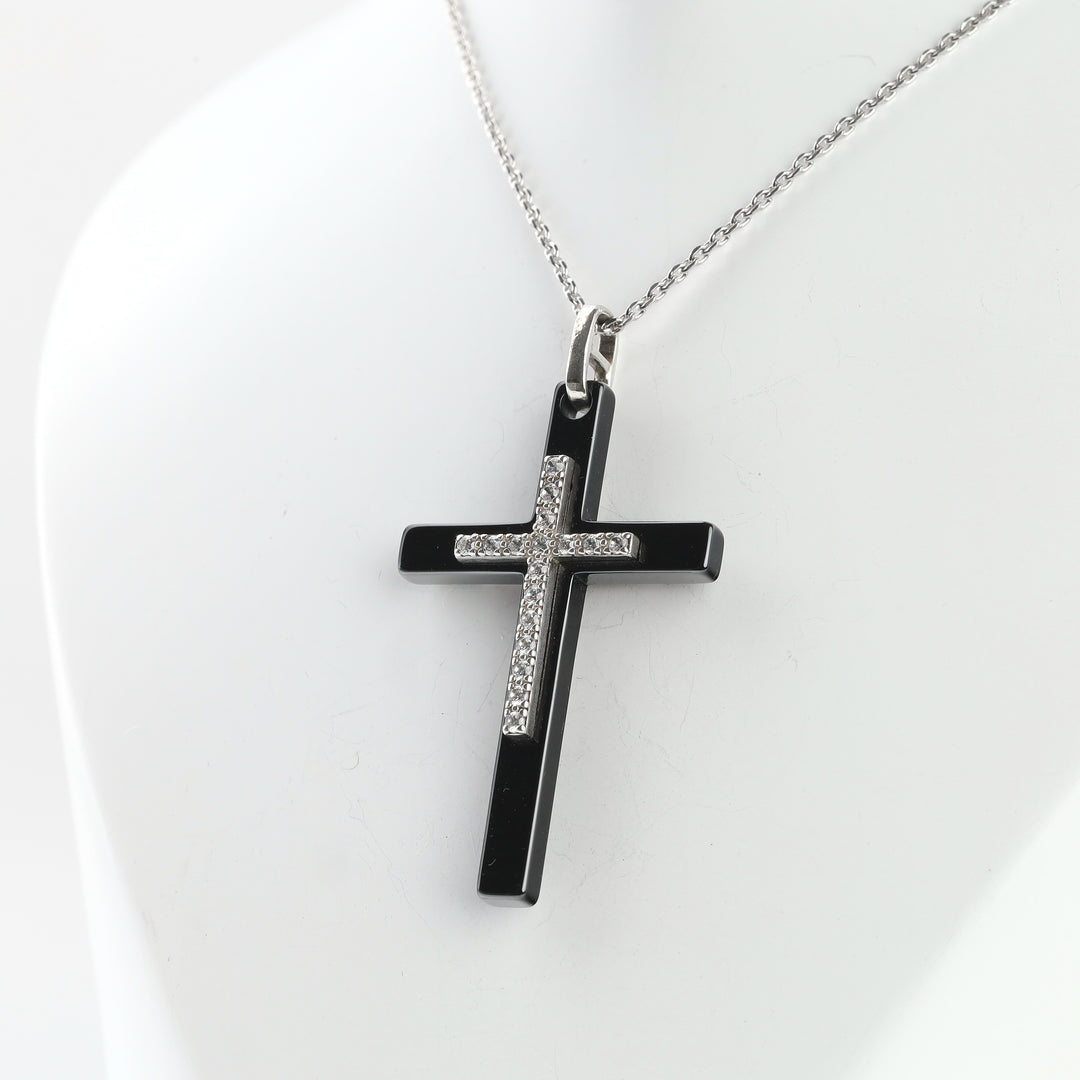 Silver 925 and black ceramic cross pendant, front view