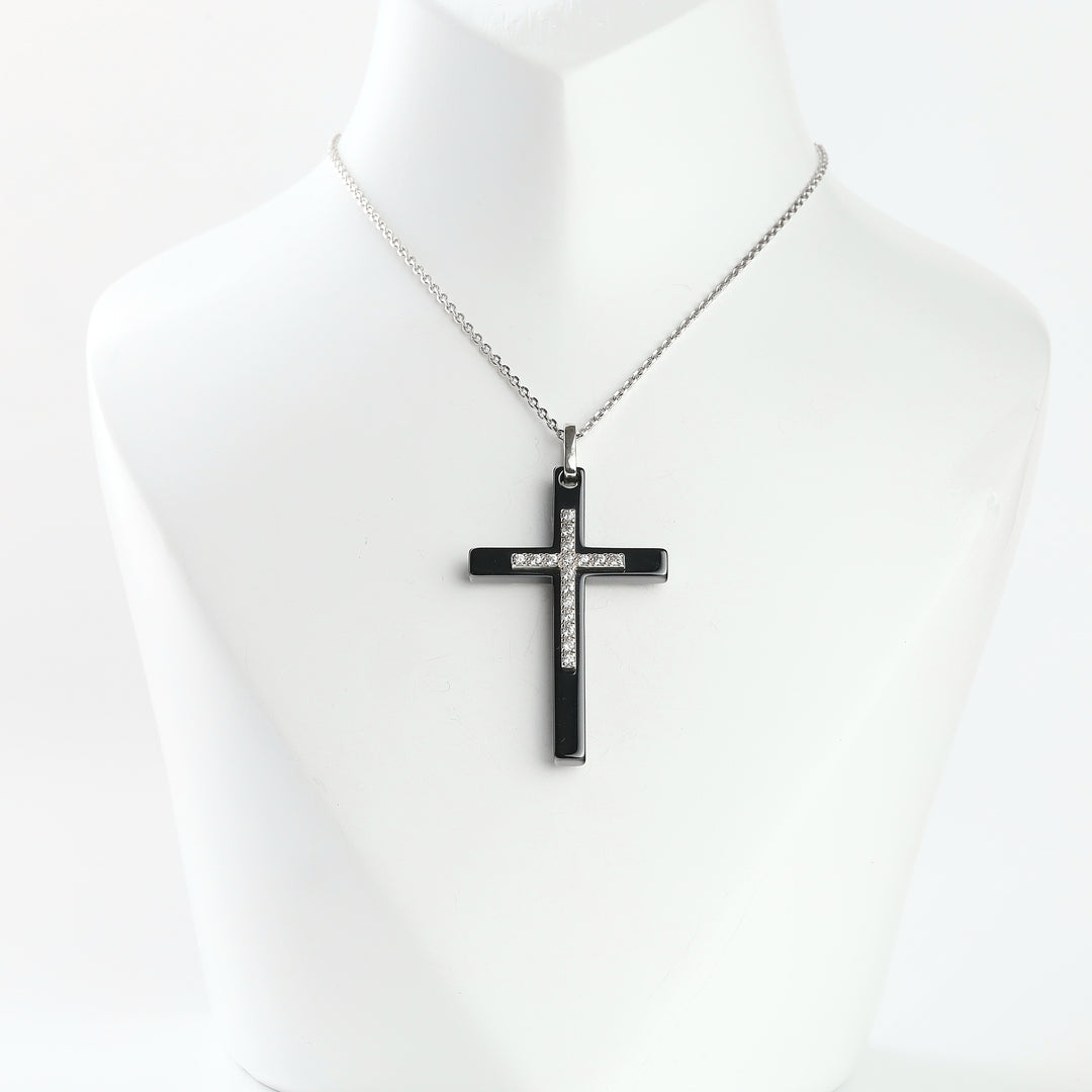 Black ceramic Christian cross with cubic zirconia, detail
