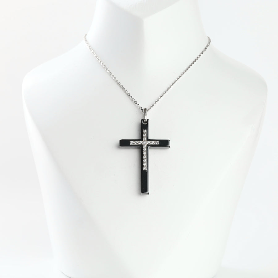 Black ceramic Christian cross with cubic zirconia, detail