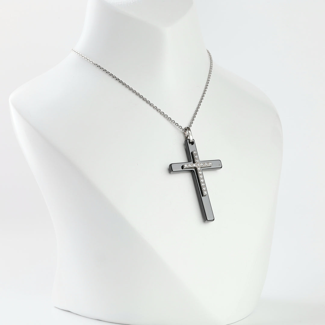 Silver 925 black ceramic cross pendant, close-up