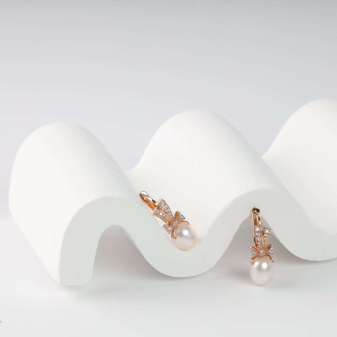 Pearl Bow Drop Earrings 14K (585) Rose Gold with Zirconia | Ukrainian Jewelry