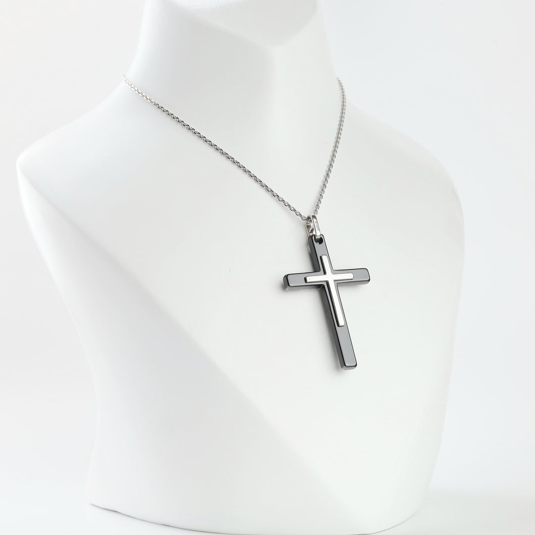 Cubic zirconia line on a black ceramic Silver 925 cross