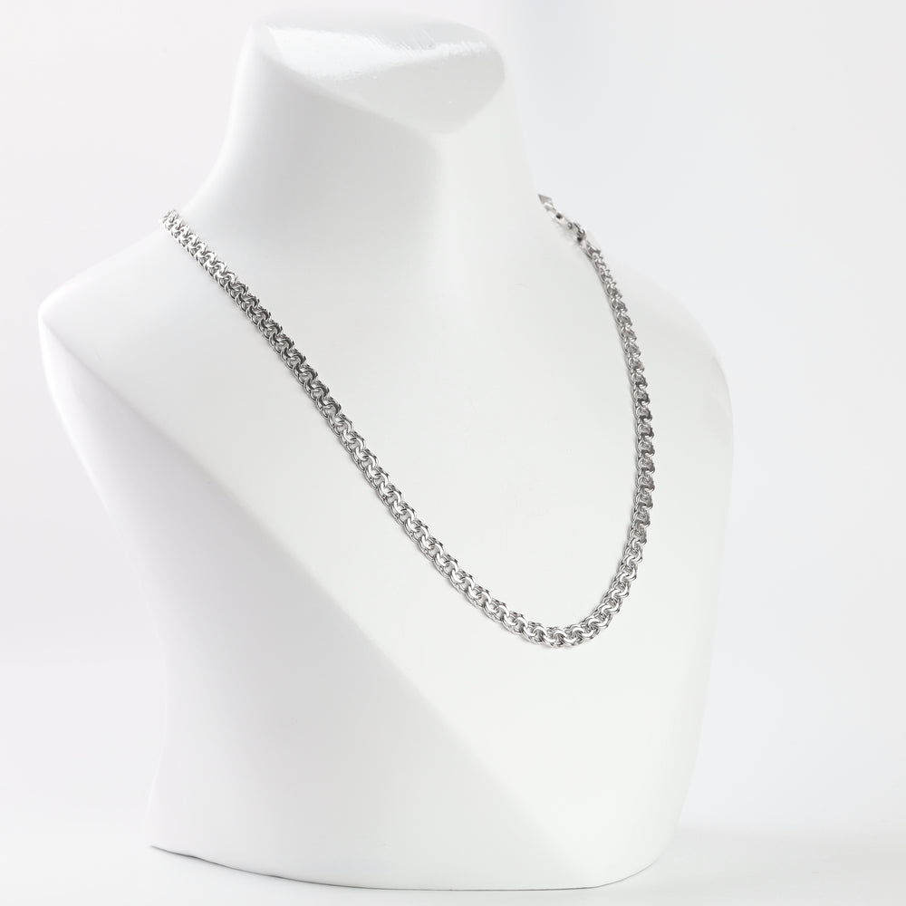 Bismarck weave silver chain necklace, front view