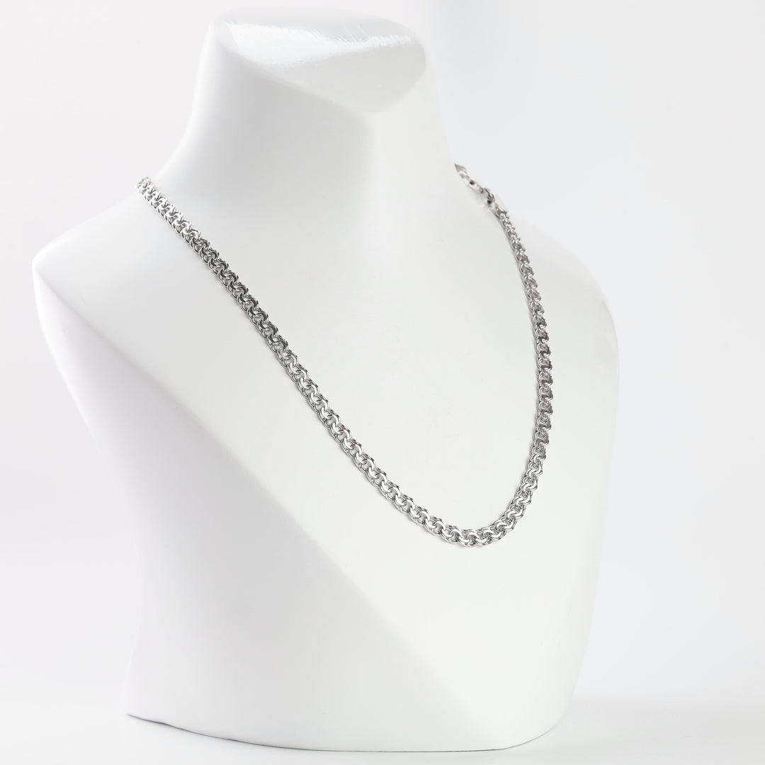Bismarck weave silver chain necklace, front view