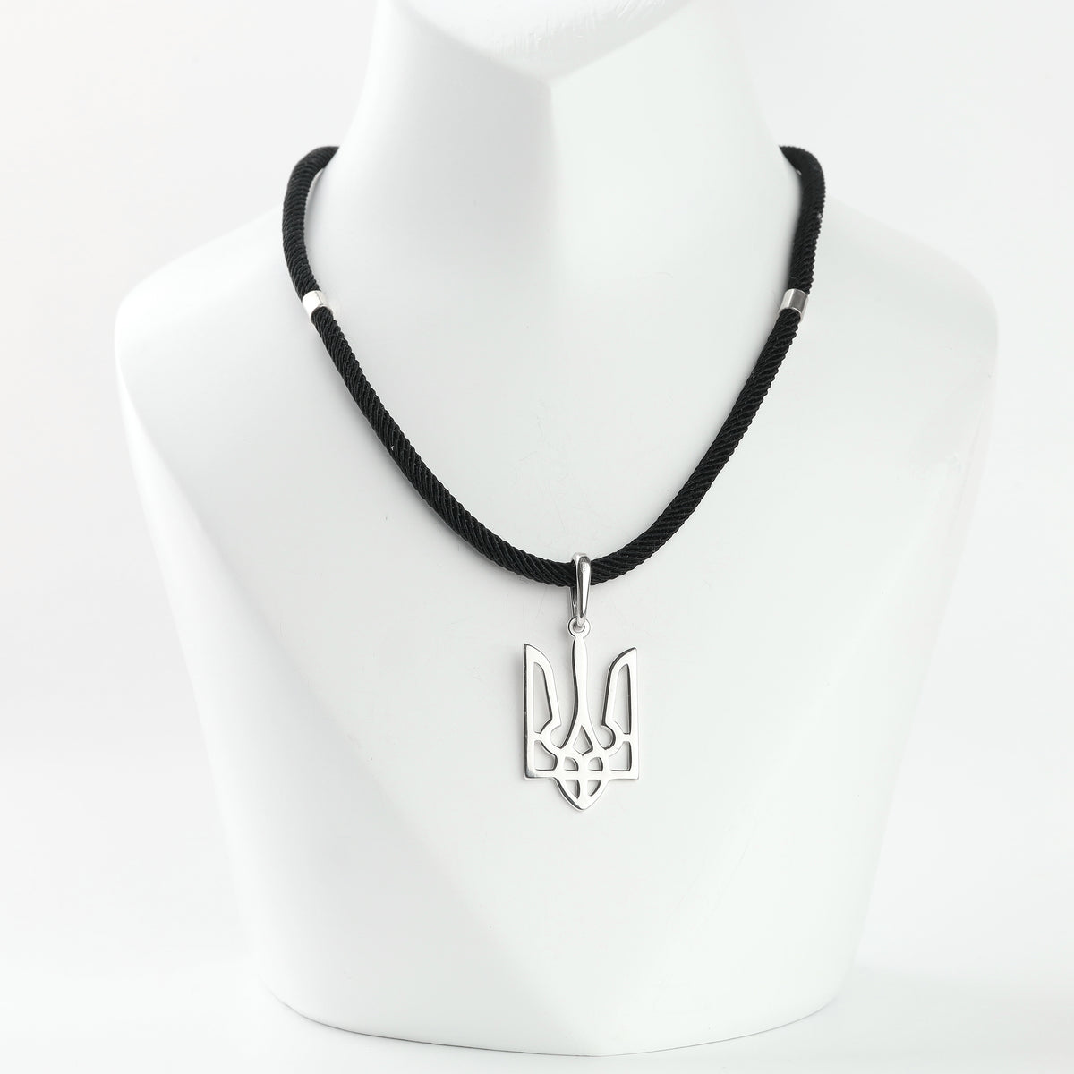 Ukrainian openwork Tryzub pendant in Silver 925 on a black cord