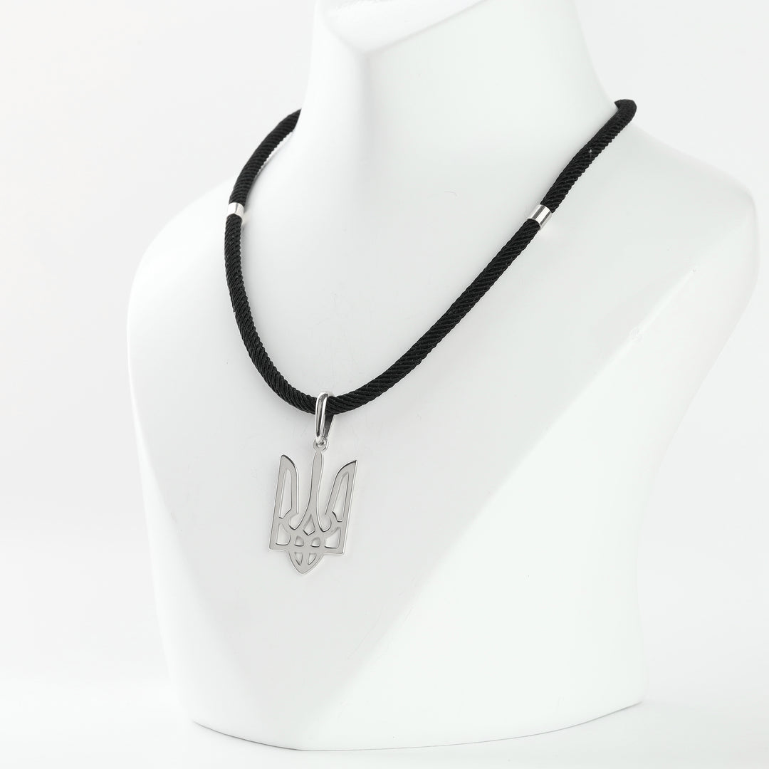 Ukrainian Tryzub silver pendant on a black cord necklace