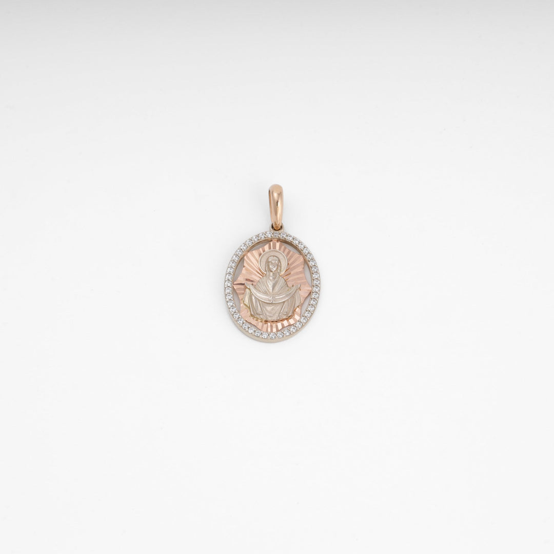 Virgin Mary Oval Pendant 14K (585) Rose and White Gold with Zirconia | Ukrainian Jewelry