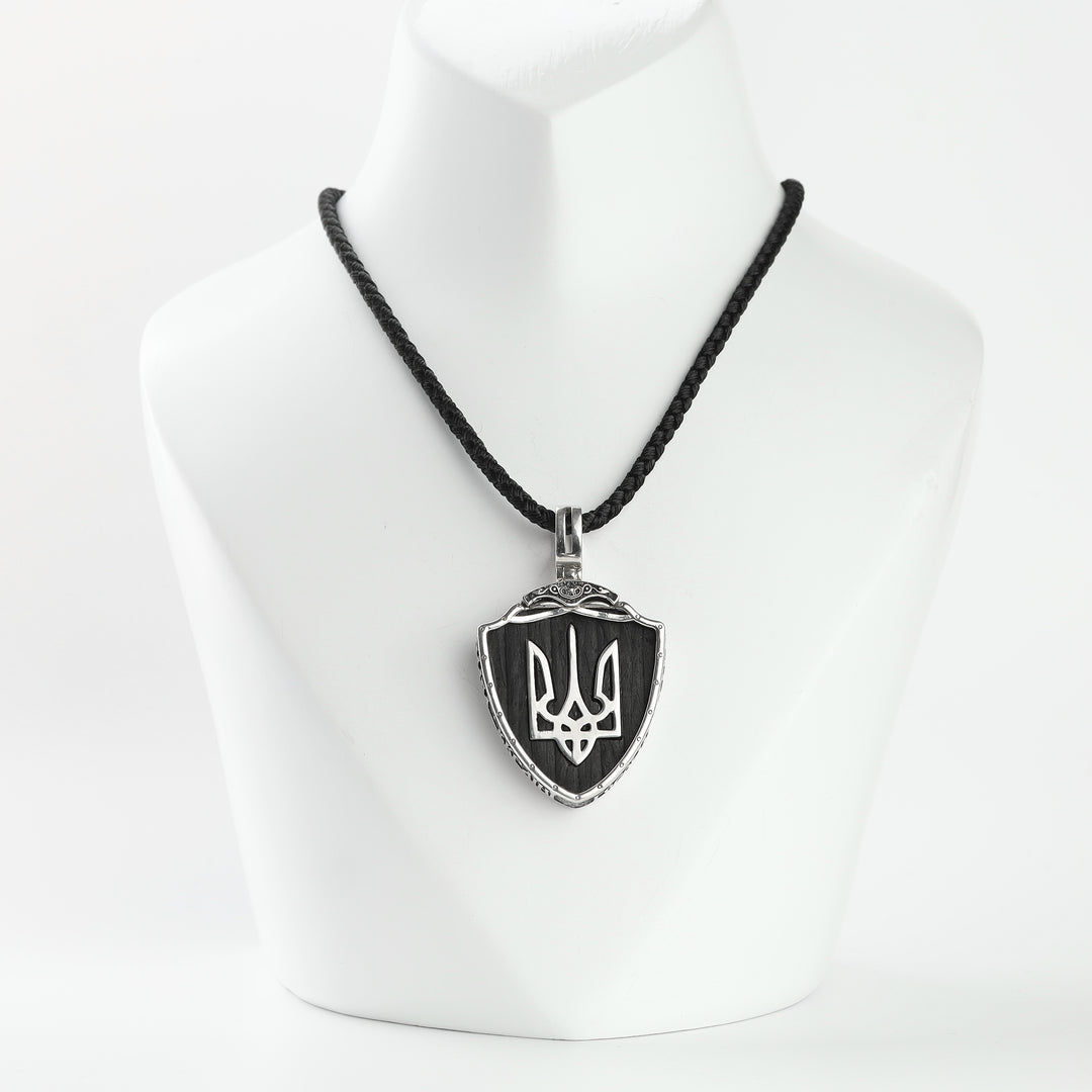 Ukrainian Tryzub shield pendant with ebony wood in Silver 925 on a black cord