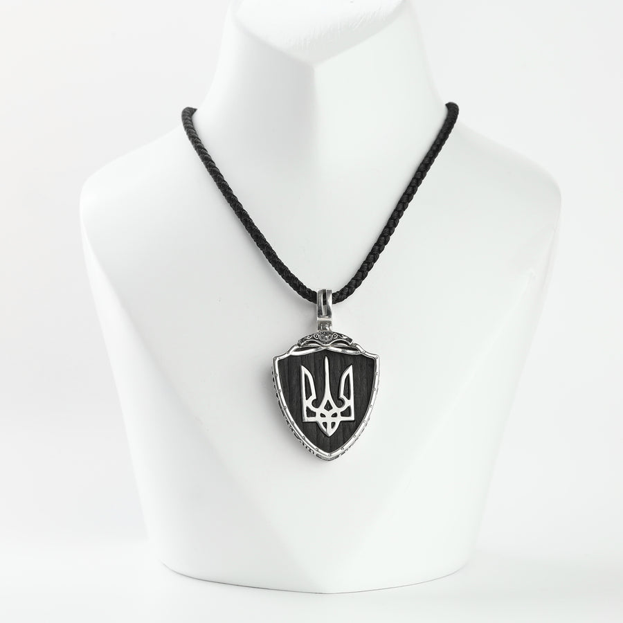 Ukrainian Tryzub shield pendant with ebony wood in Silver 925 on a black cord