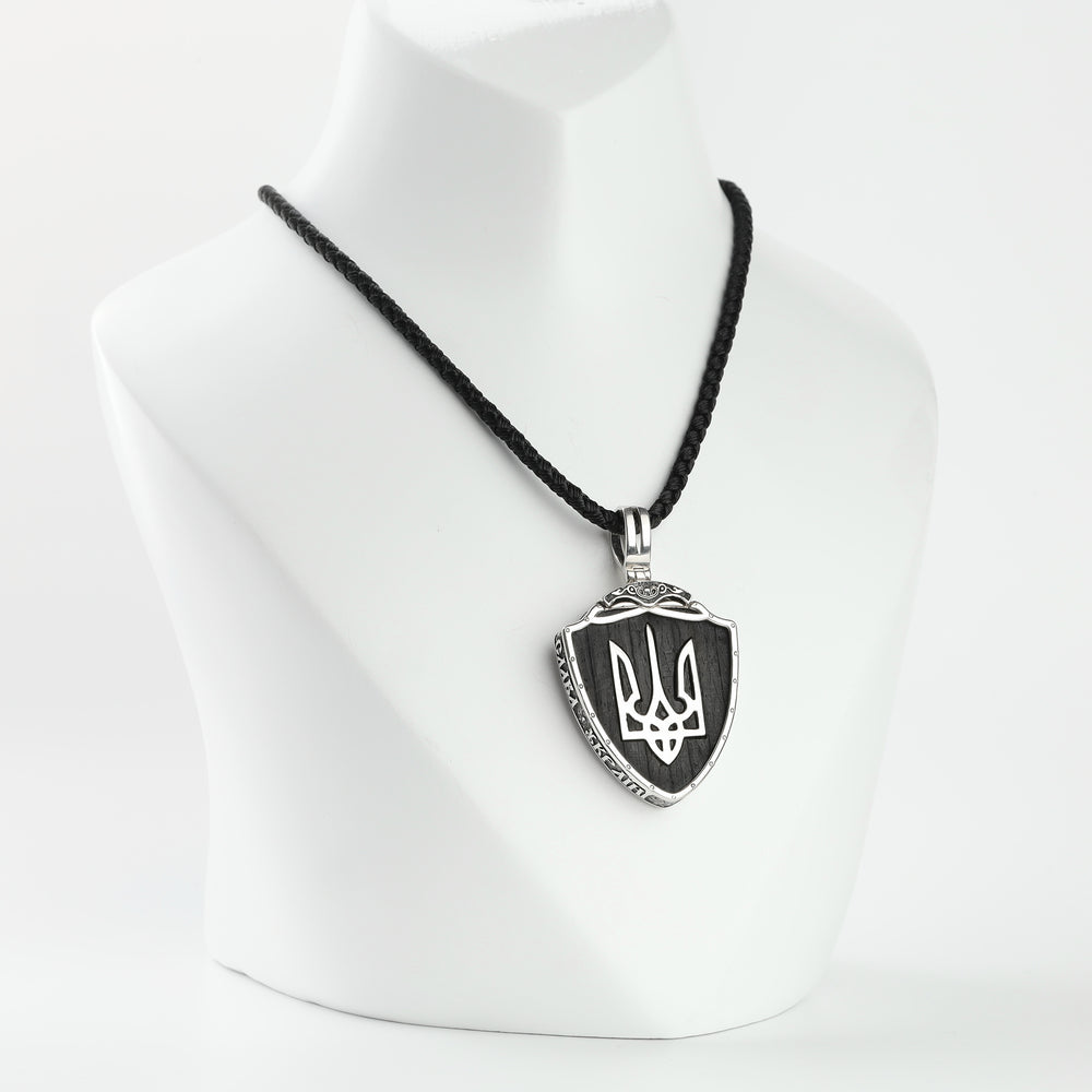 Silver 925 and ebony wood Ukrainian coat of arms pendant, front view