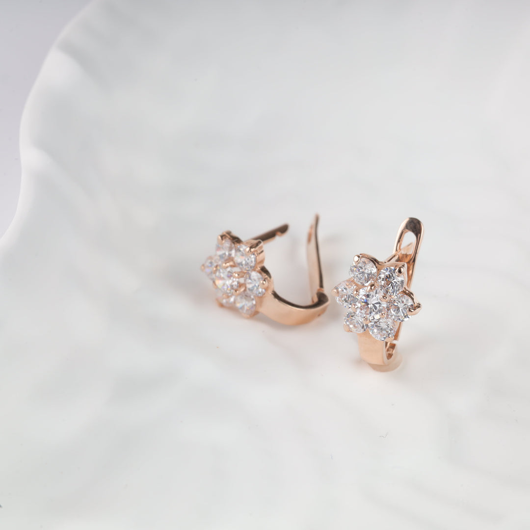 Children's Rose Gold 585 Flower Cluster Earrings with Cubic Zirconia | Ukrainian Jewelry