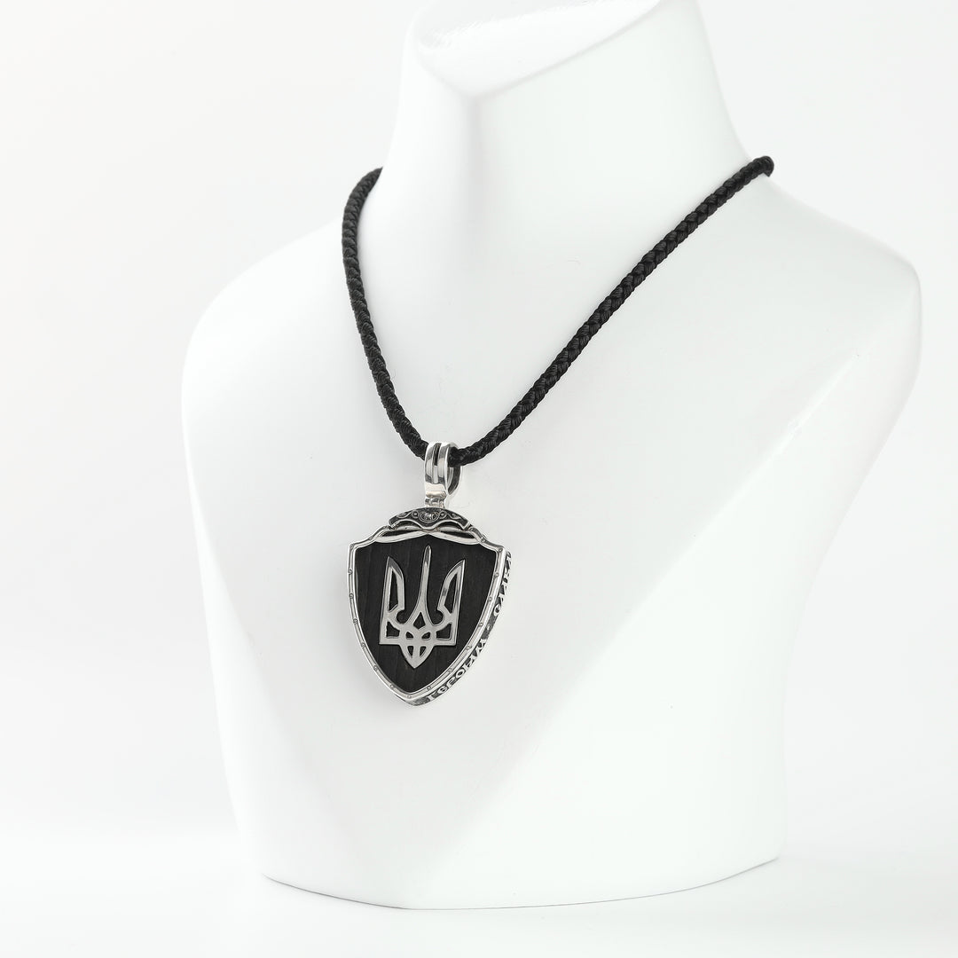 Rhodium-plated silver Tryzub shield pendant with black wood inlay
