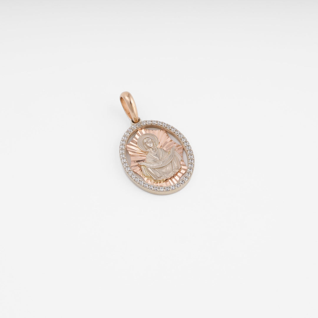 Virgin Mary Oval Pendant 14K (585) Rose and White Gold with Zirconia | Ukrainian Jewelry