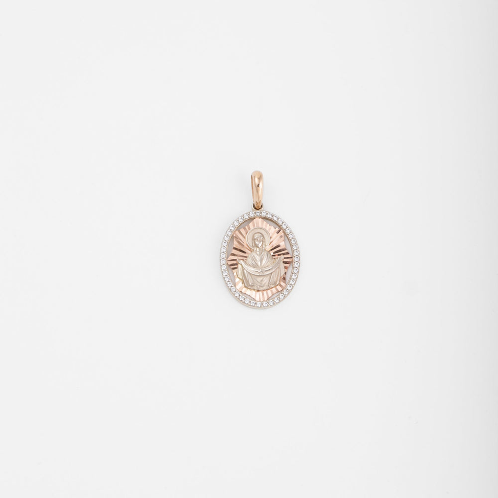 Virgin Mary Oval Pendant 14K (585) Rose and White Gold with Zirconia | Ukrainian Jewelry