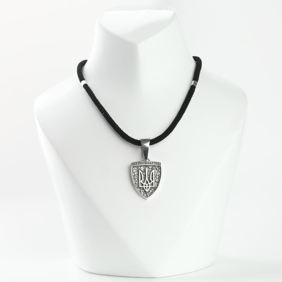 Ukrainian Tryzub shield pendant in Silver 925 on a black cord