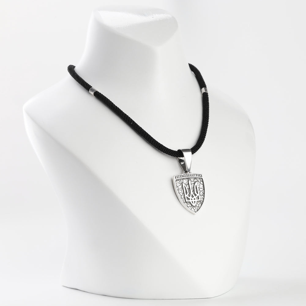 Silver 925 Ukrainian coat of arms shield pendant, front view