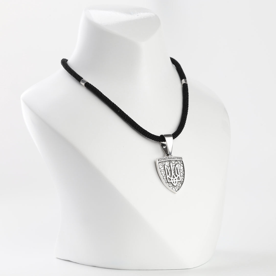 Silver 925 Ukrainian coat of arms shield pendant, front view