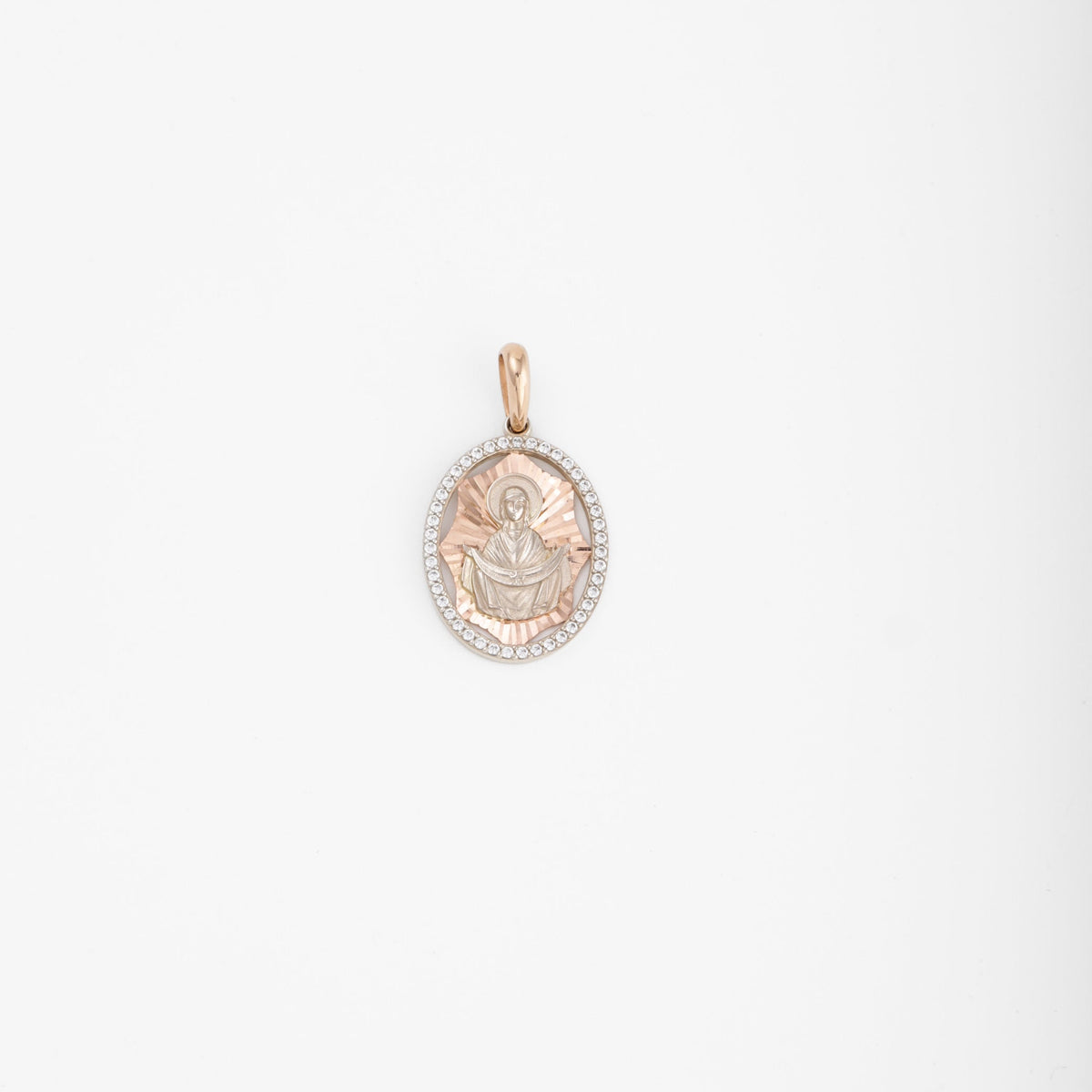 Virgin Mary Oval Pendant 14K (585) Rose and White Gold with Zirconia | Ukrainian Jewelry