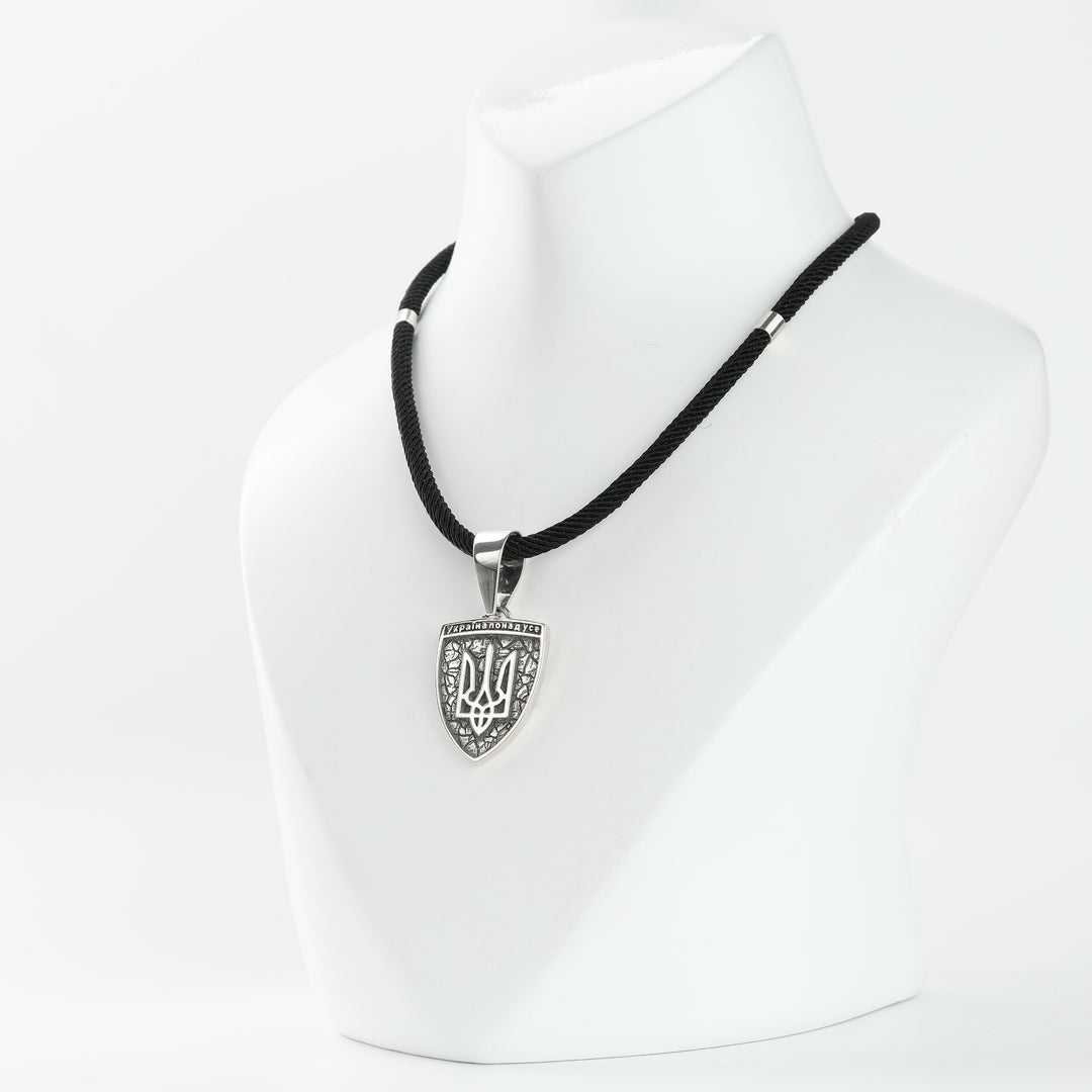 Oxidized silver Tryzub pendant with Ukraine Above All inscription