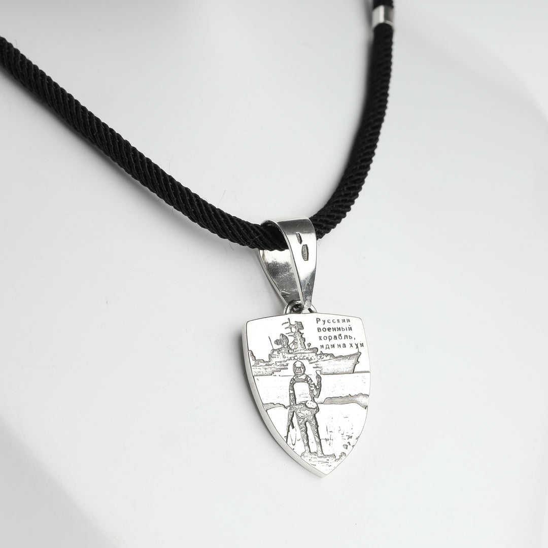 Silver 925 shield pendant with Ukrainian trident, close-up