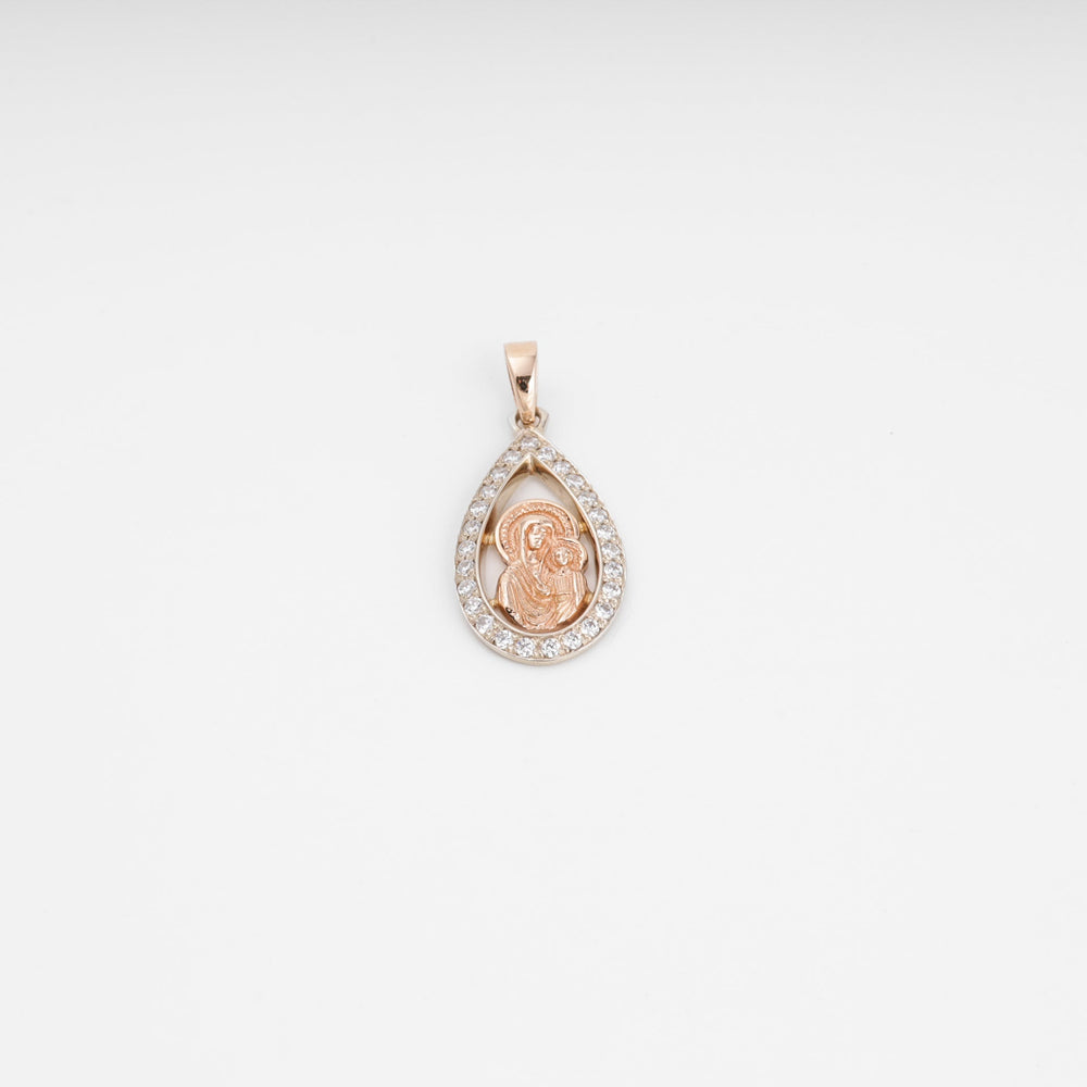 Virgin Mary Drop Pendant 14K (585) Rose Gold with Zirconia | Ukrainian Jewelry