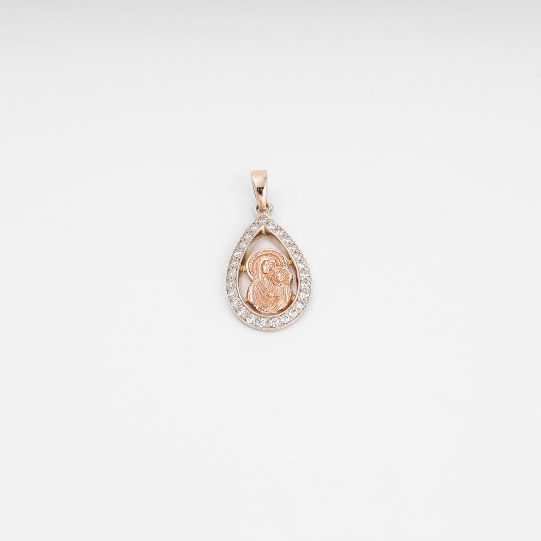Virgin Mary Drop Pendant 14K (585) Rose Gold with Zirconia | Ukrainian Jewelry