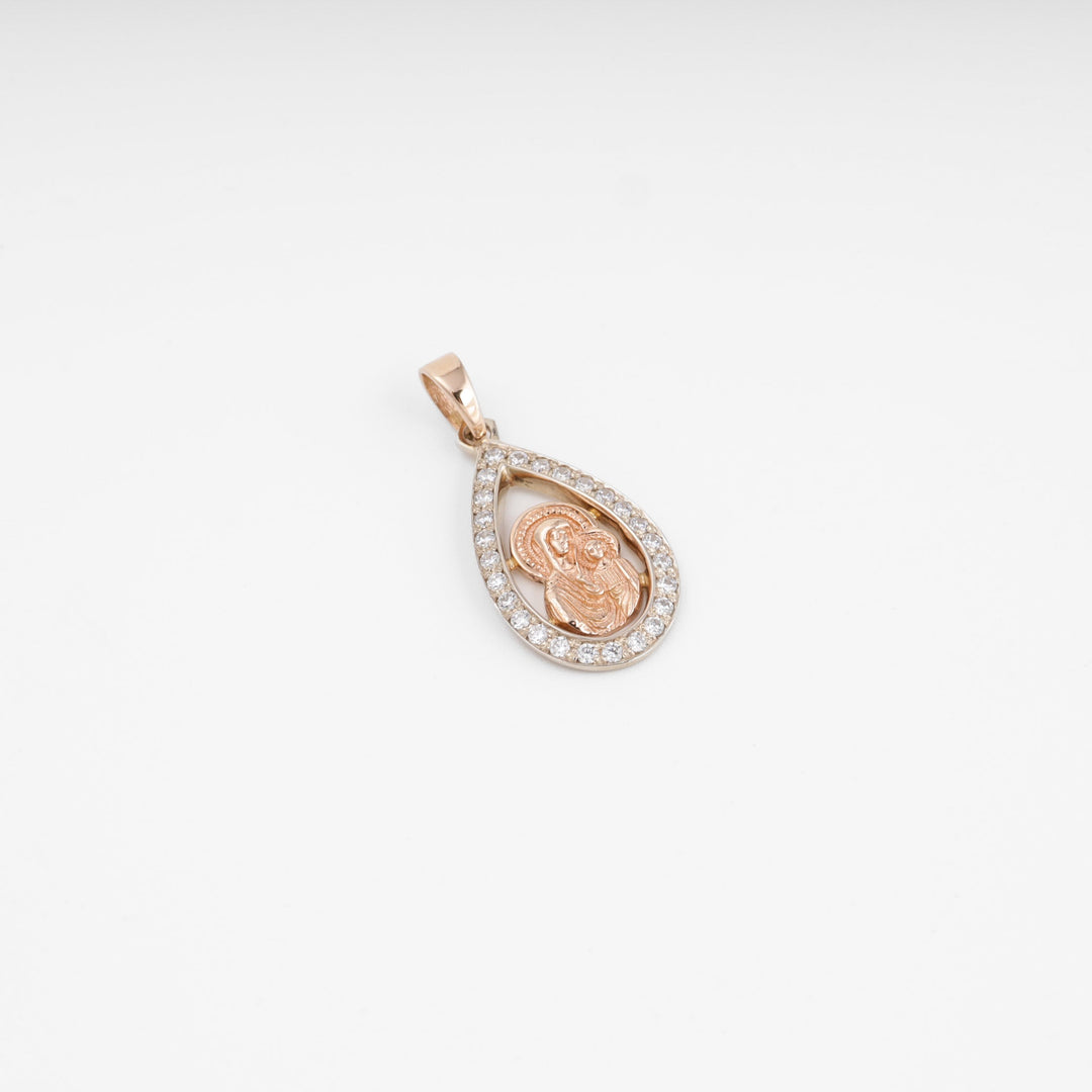 Virgin Mary Drop Pendant 14K (585) Rose Gold with Zirconia | Ukrainian Jewelry