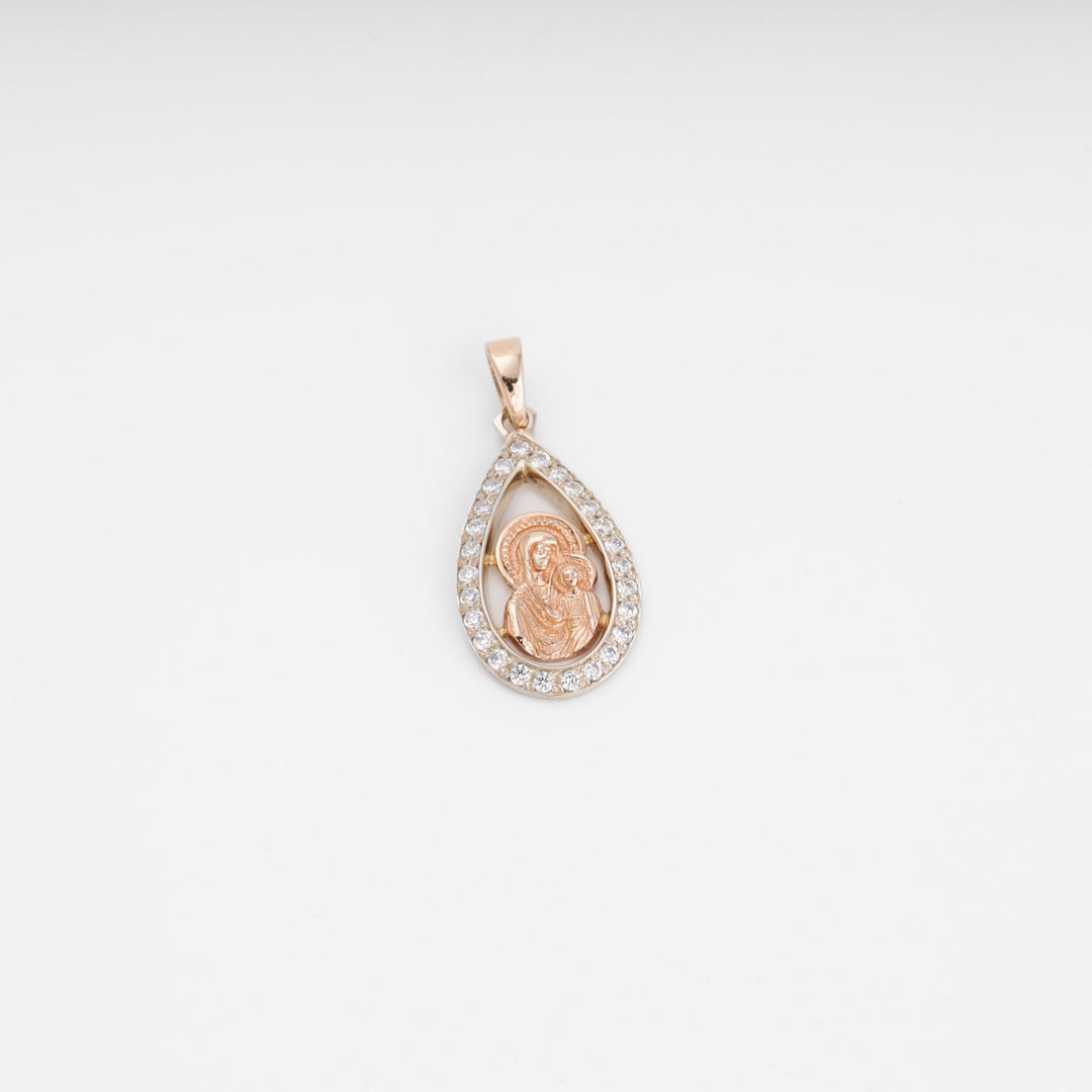 Virgin Mary Drop Pendant 14K (585) Rose Gold with Zirconia | Ukrainian Jewelry