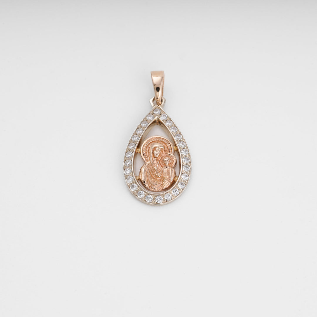 Virgin Mary Drop Pendant 14K (585) Rose Gold with Zirconia | Ukrainian Jewelry