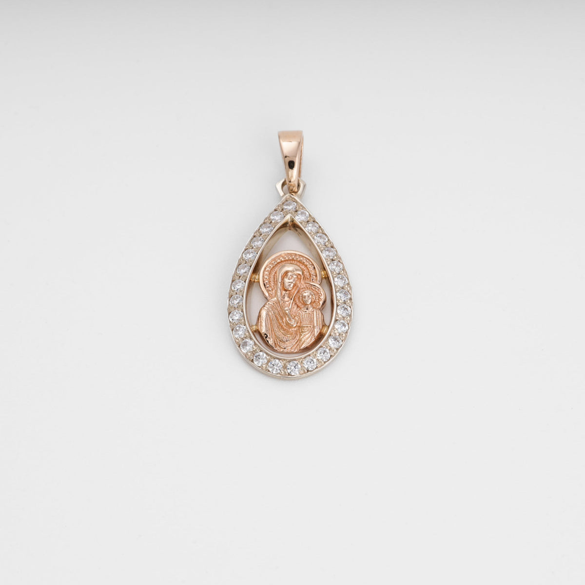 Virgin Mary Drop Pendant 14K (585) Rose Gold with Zirconia | Ukrainian Jewelry