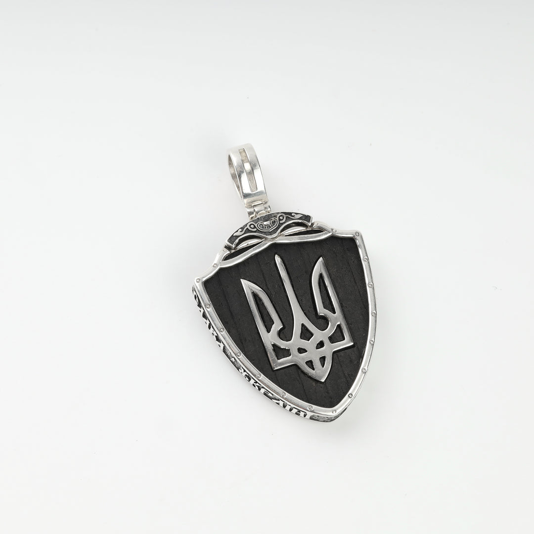 Ukrainian patriotic shield pendant Silver 925 with ebony wood, angle view